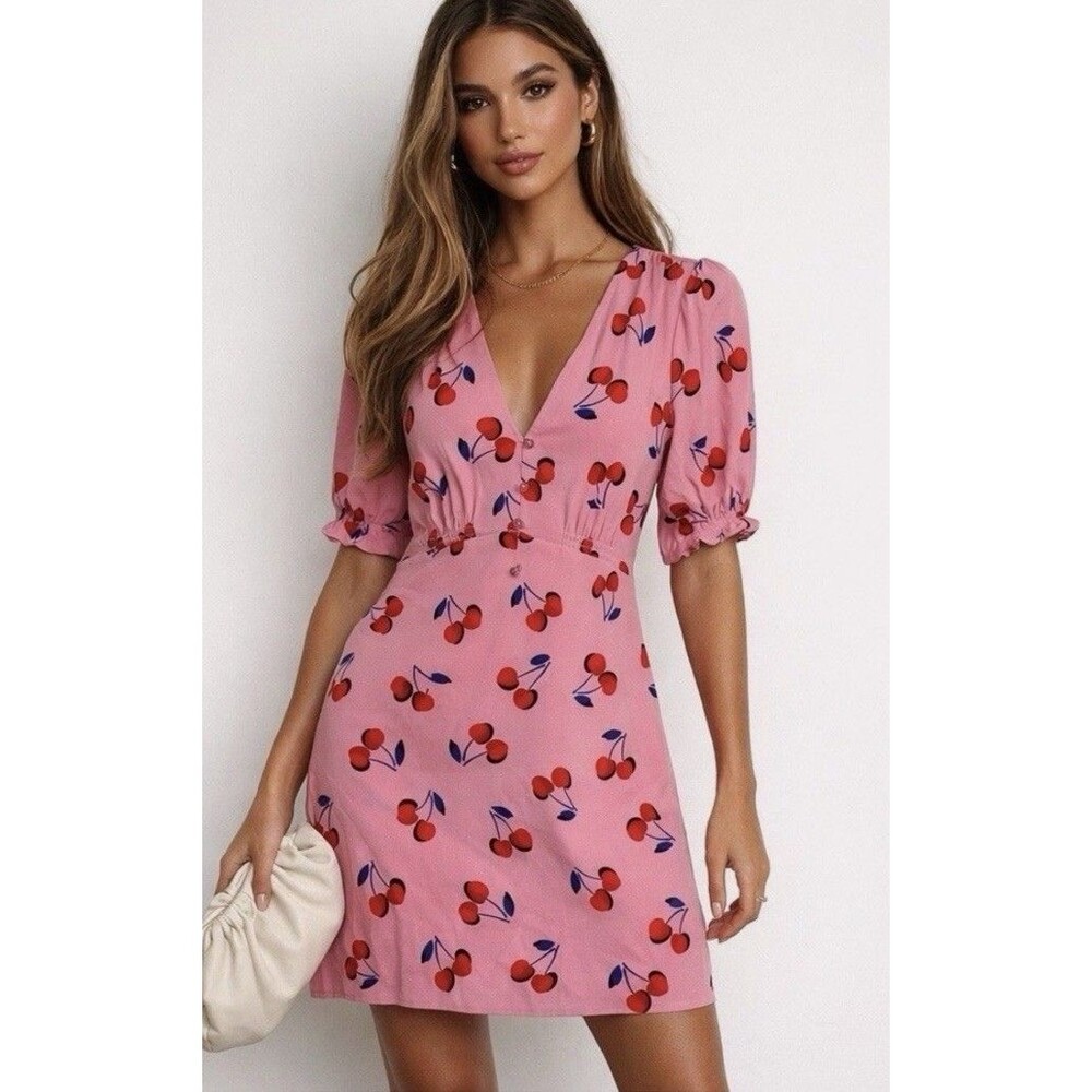 Kate Spade New York Womens Pink Cherry Print Short Sleeve Dress Pockets Size 8